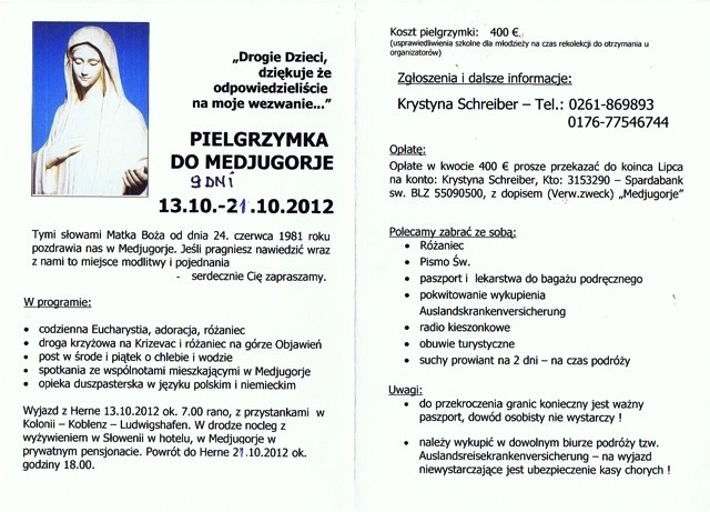 Wolne miejsca na Pielgrzymke do Medjugorje 13.10-21.10.2012